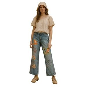 SWITCH USA Y2K 'The Magpies' Poem Embroidered Jeans 27 Folk Art Cottagecore 27